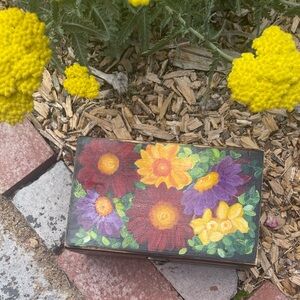 Floral Burst Art Painted Sewing box - Red, Yellow, Purple painted floral box.